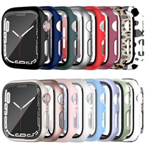 Cuteey 16 Pack Case for Apple Watch Series 8 7 45mm Tempered Glass Screen Protector, All Round Full Hard PC Leopard Pattern Cover Bumper for iWatch 8 7 Accessories