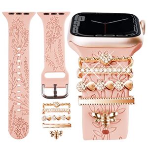 Watch Band Charms (Band Included), Compatible with Apple Watch Band 38mm 40mm 41mm, ORATYFAN Floral Engraved Silicone Bands & Metal Decorative Ring Loops Accessories for Iwatch Series 7 6 5 4 3 2 1…