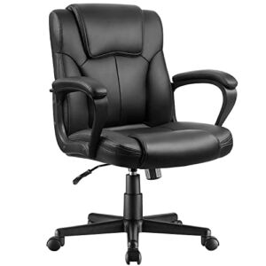 Shahoo Executive Office Chair Mid Back Swivel Computer Task, Ergonomic Leather-Padded Desk Seats with Lumbar Support,Armrests, Dark Black