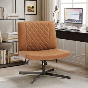 Leather Office Chair Armless Desk Chair no Wheels, Brown Modern Home Office Desk Chair Wide Seat Swivel Task Chair Mid Back, Capacity 400lbs