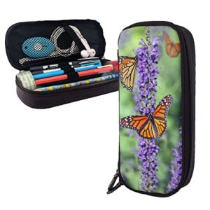 Pu Leather Pencil Case – Lavender And Butterfly Pencil Pouch With Zippers For School Office Supplies Teen Girl Adult