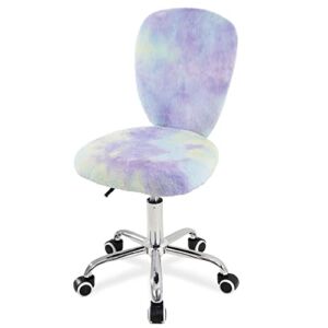 wangji Fuzzy Desk Chair, Comfy Armless Furry Fur Chair with Swivel, Pastel Rainbow Yellow & Blue