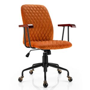 Giantex Velvet Home Office Desk Chair, Adjustable Swivel Task Chair, Vintage Mid-Back Leisure Chair w/Armrest & Padded Seat, Upholstered Computer Chair w/Copper Casters for Work, Study, Orange