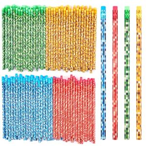 200 Pieces Pixel Miner Themed Pencils Assortment Cylinder Wood Pencils 4 Style Pixelated Video Game Themed Party Fun Pencils for Classroom or Party Supply (200)