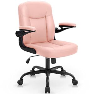 YAMASORO Home Office Chair Mid Back Office Desk Chairs with Wheels and Flip-up Arms Leather Computer Chair for Girls, Women, Pink