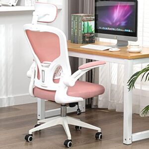 ALEAVIC High Back Office Chair, Home Office Desk Chair, Ergonomic Breathable Mesh Office Chair, Comfort Swivel Task Chair with Flip-up Arms and Adjustable Height (Pink)
