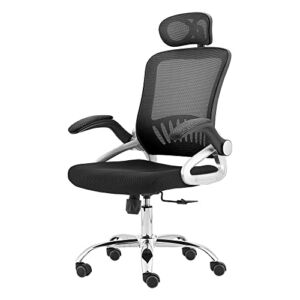 Ergonomic High-Back Mesh Office Chair, with Flip-Up armrest and Adjustable Headrest, Lumbar Support and PU Wheels Swivel Adjustable Mesh Computer Chair （Black）