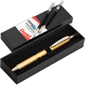 Pentel Energel 0.7 Alloy Rollerball Retractable Liquid Gel Metal Pen – Gold Pen Barrel – Black Ink – Gift Set With 2 Refills for Women, & Men.