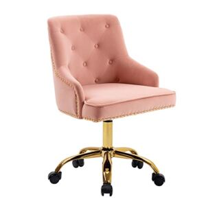 Velvet Home Office Chair, Modern Mid-Back Desk Chair with Nailhead Trim, Adjustable Height, Swivel Accent Armchair with Wheels and Metal Base for Vanity Room/Living Room/Bedroom (Pink)