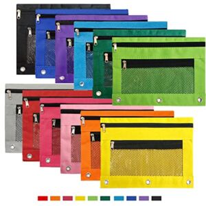 Binder Pouch 3 Ring Pencil Pouches, 12 Pack 12 Color Zipper Pencil Case Pencil Bags with Double Pocket for Storing School Supplies
