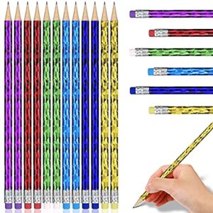 Metallic Glitter Pencil for Kids HB Pencils Wood Sharpened Pencil with Eraser Colorful Laser Foil Round Pencils Writing Drawing Pencils School Student Reward (36 Pieces)
