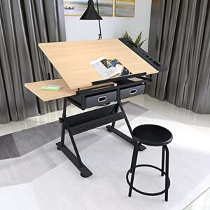 SUGLATR Height Adjustable Drafting/Draft/Drawing Table Desk，Artist Desk Tilted Tabletop Sketching Work Station with 2 Storage Drawers and Stool for Home Office
