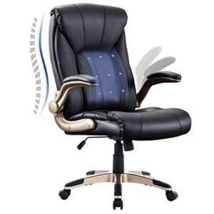 Home Office Desk Chair, PU Leather Executive Office Chair, Home Office Computer Chair with Golden Flip-up Armrests, Swivel Rolling Chair with Ergonomic Support for Adult Working Study