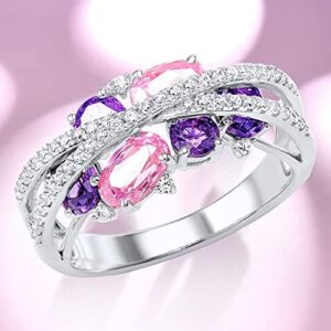 Women’s Sliver Rings, Ladies Fashion Crystal Diamond Ring Engagement Ring Wedding Rings Jewelry Birthday Gift (Pink, 9)
