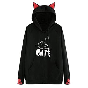 Cat Ear Printed Hooded Sweatshirt for Teen Girls, HONGDAO Womens Winter Loose Long Sleeve Sweater Pullover Blouse Tops