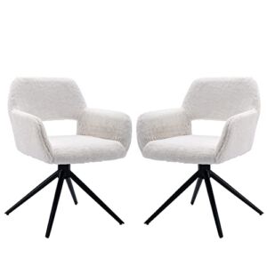 ABET Dining Chairs Set of 2, Modern Faux Fur Desk Chair, Furry Accent Chair, Left and Right 90 Degrees Rotative, Comfy Leisure Swivel Armchair with Black Metal Legs for Home Office Kitchen, White