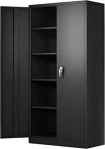 Bonusall Metal Storage Cabinet with Locking Doors and Shelves, Black 71″ Locking Garage Storage Cabinet with Lock, Lockable Tall Steel Storage Cabinet for Office, Garage, Tool