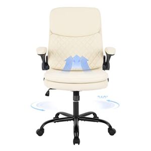 Executive Office Chair-Ergonomic Home Office Chair, High Back Computer Chair with Flip-up Arms, Double Padded Thick Leather Office Chair for Comfort, Swivel Task Rolling Chair (Ivory, 300lbs)