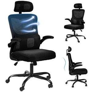 Dvenger Ergonomic Desk Chairs with Lumbar Support, High Back Office Chair, Mesh Office Chair with Adjustable Headrest, Swivel Task Chair Flip up Arms, Executive Office Chair for Tall People, Black
