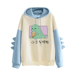 Cute Hoodies for Teen Girls Womens Dinosaur Graphic Hooded Sweatshirt Dino Cartoon Animal Kawaii Long Sleeve Pullover Tops Anime Splice Sweater Hoody Funny