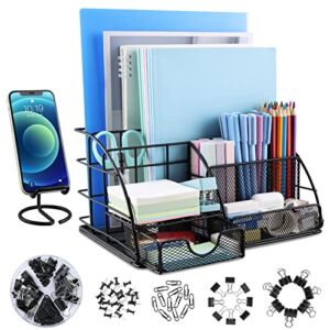 Desk Organizers and Accessories, Large Mesh Desk Organizer with Drawer, Desk Supplies, with 8 Compartments + Cell Phone Stand and 72 Accessories, for Office Supplies Storage, Home, School (Black)