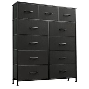 WLIVE 11-Drawer Dresser, Fabric Storage Tower for Bedroom, Hallway, Nursery, Closets, Tall Chest Organizer Unit with Textured Print Fabric Bins, Steel Frame, Wood Top, Easy Pull Handle, Charcoal Black