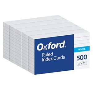 Oxford Index Cards, 500 Pack, 3×5 Index Cards, Ruled on Front, Blank on Back, White, 5 Packs of 100 Shrink Wrapped Cards (40176)