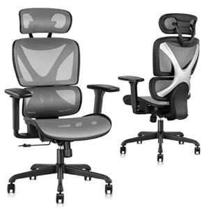 GABRYLLY Office Chair, Large Ergonomic Desk Chairs, High Back Computer Chair with Lumbar Support, 3D Armrest, Breathable Mesh, Adjustable Headrest, Ergo Chair with Tilt Function, Easy Assembly(Grey)