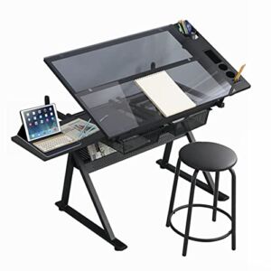 Gynsseh Glass Drafting Table for Artists, Height Adjustable Drawing Desk Art Table with Stool, Tiltable Tabletop Art Craft Desk Paintings Desk for Home Office School (Black)