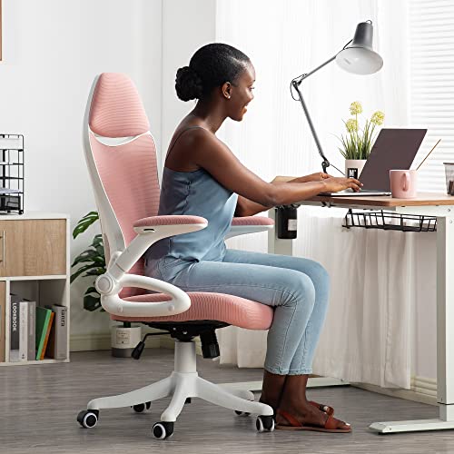 NORDICANA Pink Ergonomic Mesh Office Chair, High Back Desk Chair – with Upholstered Headrest, Flip-Up Arms, Tilt Function, Lumbar Support, Swivel Computer Task Chair | The Storepaperoomates Retail Market - Fast Affordable Shopping