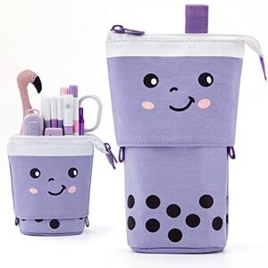 ANGOOBABY Standing Pencil Case Cute Telescopic Pen Holder Kawaii Stationery Pouch Makeup Cosmetics Bag for School Students Office Women Teens Girls Boys (Purple)