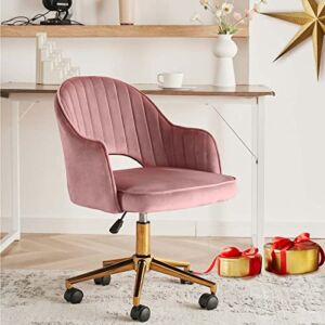ATTICA Modern Home Velvet Office Chair Back Hollowed Cute Armless Vanity Chair with Gold Base for Girls,Swivel Desk Chair for Living Room Bedroom (Pink)