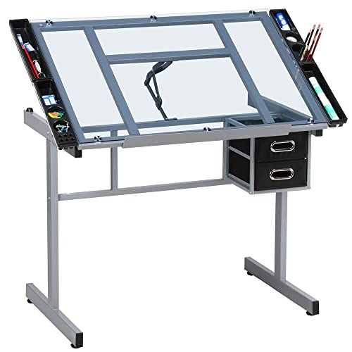 PAWPAE Tempered Glass Adjustable Drafting Table with Storage, Stylish Metal Frame is Durable | The Storepaperoomates Retail Market - Fast Affordable Shopping