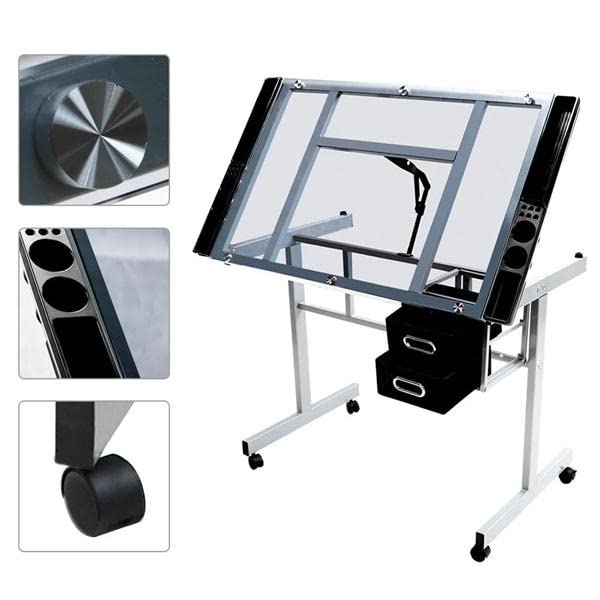 PAWPAE Tempered Glass Adjustable Drafting Table with Storage, Stylish Metal Frame is Durable | The Storepaperoomates Retail Market - Fast Affordable Shopping