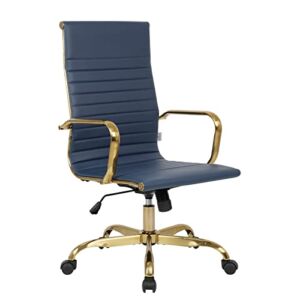 LeisureMod Harris Modern Adjustable Swivel Leather High-Back Task Office Chair with Gold Frame, Navy Blue