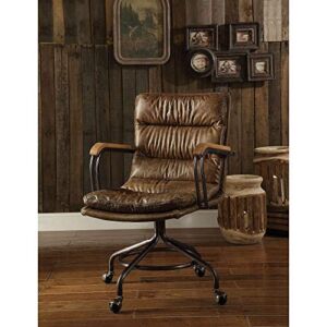 Vintage Top Grain Leather Home Office Desk Chair 360° Swivel Upholstered Task Chair Industrial Executive Computer Chairs with Wooden Arms and Metal Base Armchair Accent Chair