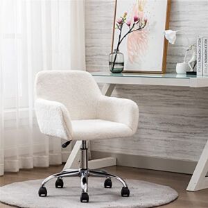 Modern Faux Fur Home Office Chair, Upholstered Fluffy Chair Makeup Vanity Chair for Teen Girls Swivel Desk Chair, Height Adjustable Leisure Elegant Office Chair, White