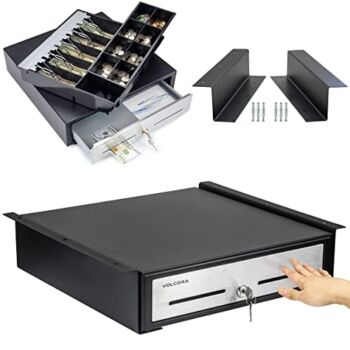 Manual Push Open Cash Register Drawer with Under Counter Mounting Metal Bracket – 16” Black/Stainless Steel Front Touch Panel Cash Drawer for POS, Removable 5 Bill 8 Coin Tray, Key-Lock, Media Slots | The Storepaperoomates Retail Market - Fast Affordable Shopping