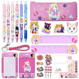 Cute Anime School Supplies Set Including Pencil Bag, Ballpoint Pens, Sticky Notes, Ruler, Broch Pins, Card Holder with Key Ring, Tattoo Stickers For Fans