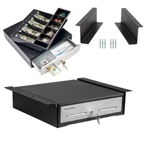Cash Register Drawer with Under Counter Mounting Bracket – 13″ Black Cash Drawer for POS, Stainless Steel Front, 4 Bill 5 Coin, Fully Removable 2 Tier Cash Tray, 24V RJ11/RJ12 Key-Lock, 2 Media Slots