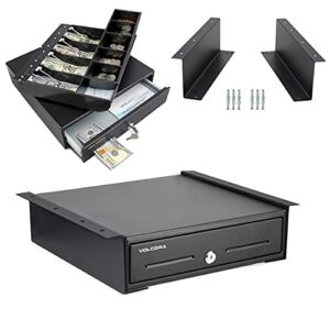 Mini Cash Register Drawer with Under Counter Mounting Metal Bracket – 13” Black Cash Drawer for POS, 4 Bill 5 Coin Cash Tray, Fully Removable 2-Tier Compartment 24V RJ11/RJ12 Key-Lock, 2 Media Slots
