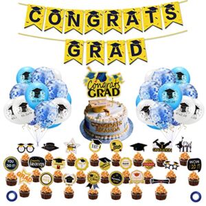 Blue and Gold Graduation Party Decorations 2022, 48 Pcs Graduation Party Supplies, Congrats Grad Banner, Cake Toppers, Confetti Balloons for Class of 2022 College High School Graduation Decor