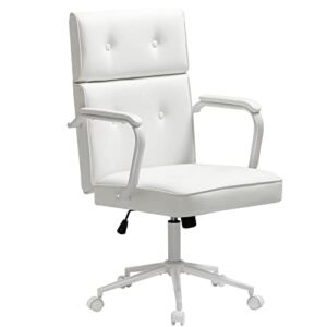 DICTAC White Office Chair Leather Desk Chair with Armrest for Home Office, Mid Back Swivel Task Chair Vanity Chair with Wheels, Capacity 400lbs