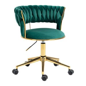 NIOIIKIT Velvet Office Desk Chair with Hand Woven Backrest, 360° Swivel & Height Adjustable Task Chairs, Makeup Chair, Computer Chair, Living Room Chairs with Stainless Base and 5 Wheels (Emerald)