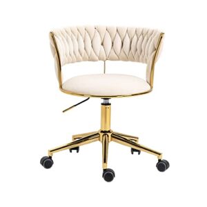 Home Office Chair Velvet Desk Chair with Golden Base,Height Adjustable 360 Revolving Office Chair with Wheels,Elegant Vanity Chair for Bedroom,Round Tufted Office Chair Leisure Task Chair,Ivory