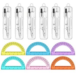 6 Sets Compass and Protractor Sets Student Basics Geometry Math Set Metal Compass and 6 Inch 180 Degree Protractors Geometry Graphing Drawing Tools for Office and School Supplies (Colorful)
