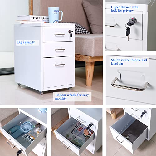 Zakamaur Storage Cabinet 3 Drawer Under Desk Small Metal Lockable Nightstand Endtable with Wheels for Office Home, White, 19″ HX 16″ DX 11″ W | The Storepaperoomates Retail Market - Fast Affordable Shopping