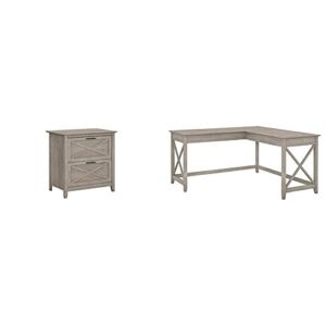 Bush Furniture Key West 2 Drawer Lateral File Cabinet in Washed Gray & Key West 60W L Shaped Desk in Washed Gray