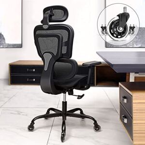 Office Chair, KERDOM Ergonomic Desk Chair, Comfy Breathable Mesh Task Chair with Headrest High Back, Home Computer Chair 3D Adjustable Armrests, Executive Swivel Chair with Roller Blade Wheels (Black)