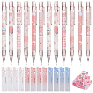 12 Pieces Kawaii Juice Peach Mechanical Pencil with 6 Cute Peach Erasers and 12 Tube HB Pencil Refills Fruit Mechanical Pencil Set for Student Writing, Drawing, Sketching, Architecture (0.5/0.7 mm)